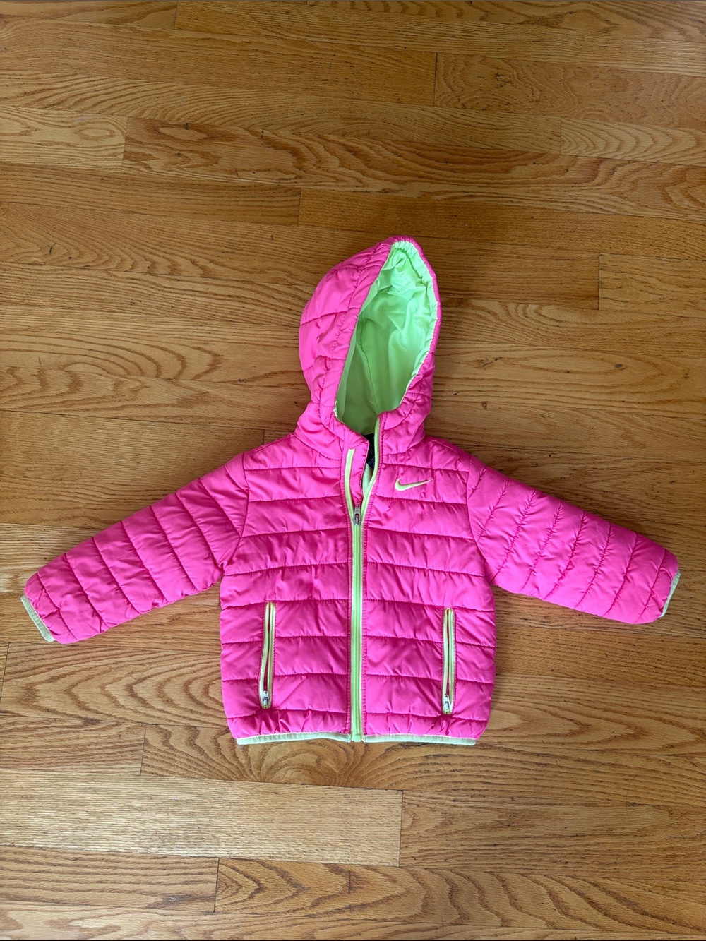 2T Nike Kids Hot Pink Hooded Puffer Jacket with Lime Lining